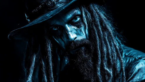 Man with dreadlocks stares intensely under blue-tinted light