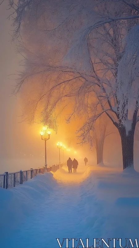 Snow covered path shows people walking under warm streetlights