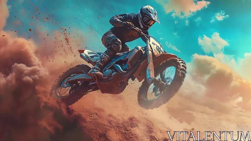 Motocross rider carves dusty jump under neon sky glow.