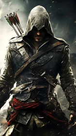 Hooded rogue archer stands ready amid swirling embers.