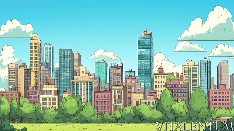 Urban skyline illustration with park trees in foreground.