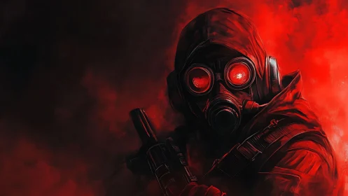 Gas mask soldier emerges through crimson toxic smoke.