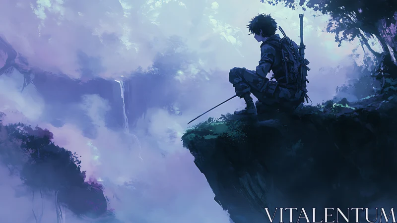 Solitary swordsman overlooking misty purple canyon.