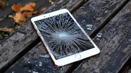 Smartphone with shattered screen on weathered wooden bench.