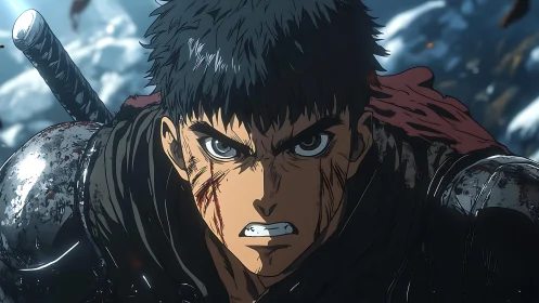 Battle-hardened anime warrior pushing forward with fierce will.