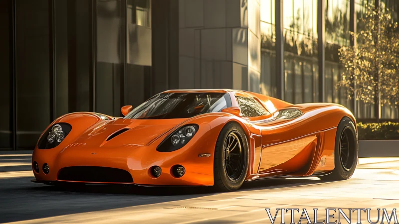 Molten orange supercar lounges in soft urban sunlight