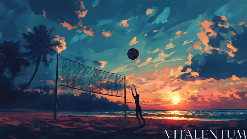 Sunset beach volleyball with dreamy sky and ocean glow.