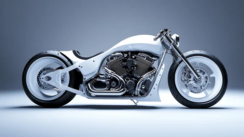 Streamlined white custom motorcycle displays exposed V‑twin powertrain
