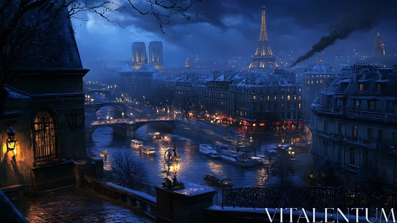 Midnight Paris scene glows with river lights and quiet snow