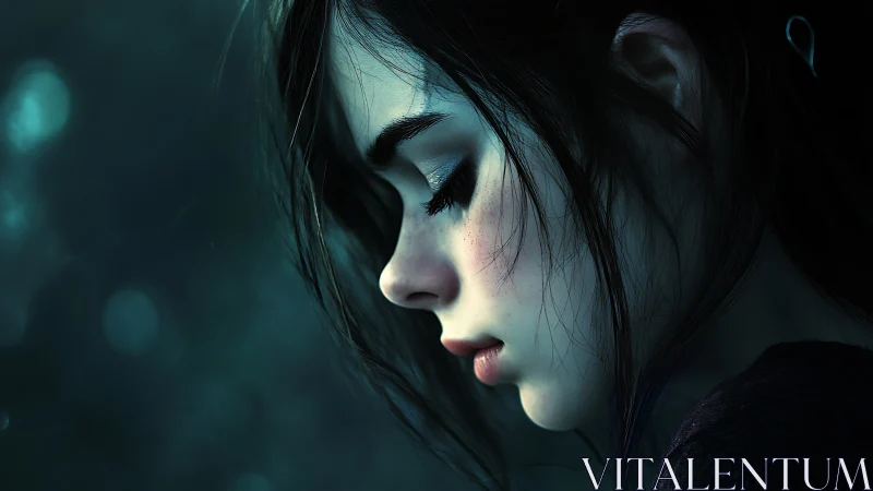 Profile view shows stylized female face rendered in cool tones