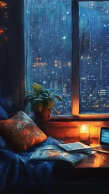 Rainlit window nook with candlelit laptop and city hush.