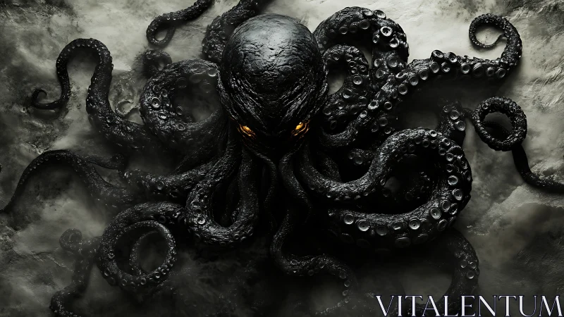 Midnight abyss dweller curls its molten-gold gaze outward