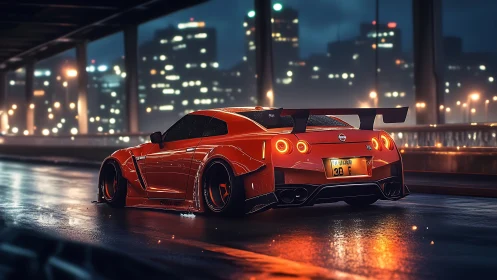 Red Nissan GT-R on wet city highway at night scene.