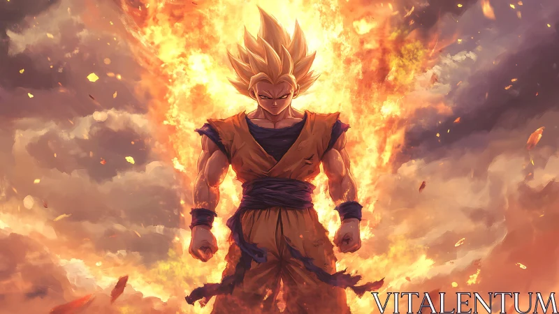 Fiery warrior rising within a storm of golden power.