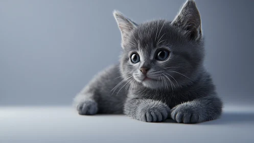 Playful Gray Kitten with Striking Blue Eyes on Neutral Background