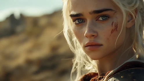 Battle worn blonde warrior in harsh desert sunlight.