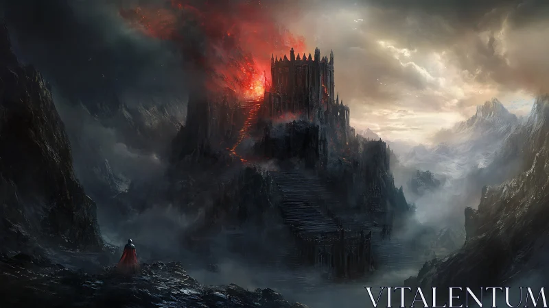 Dark fortress rises amid volcanic glow in a misted valley