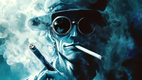 Cool blue drifter in swirling smoke and mirrored shades.