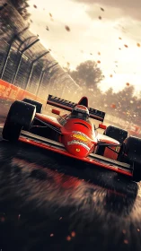Roaring red race car charges through rain on a blazing track