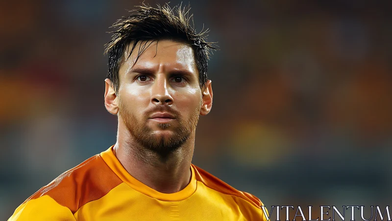 Intense male footballer portrait in vivid orange kit.