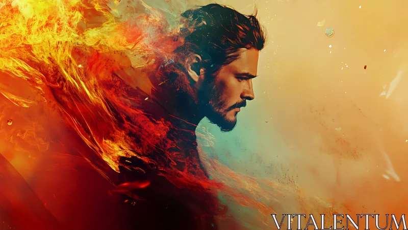 Fiery male profile dissolving into abstract inferno gradient.