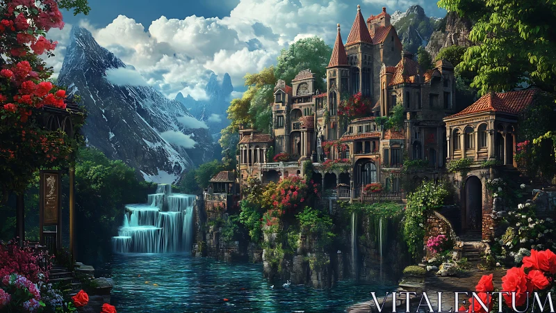 Mountain riverside stone village with tiered waterfalls.