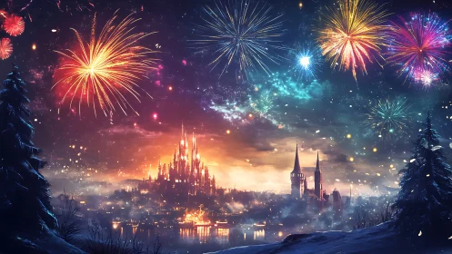 Midnight fireworks crown a glowing winter fantasy city
