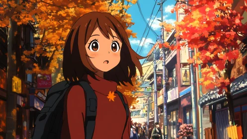 Autumn wanderer girl strolling through ember-bright city streets.