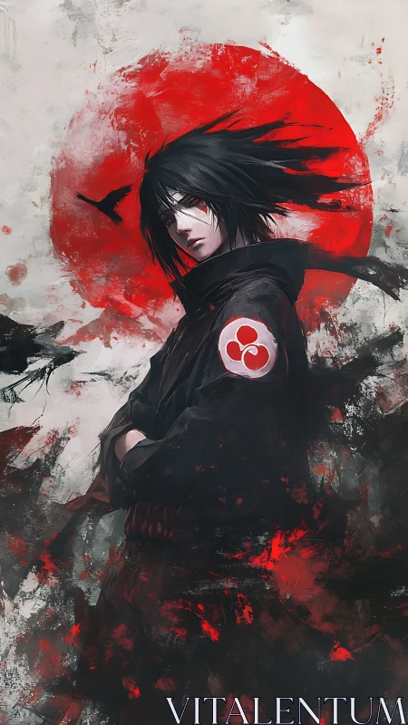 Brooding raven-eyed warrior beneath a bleeding red moon.