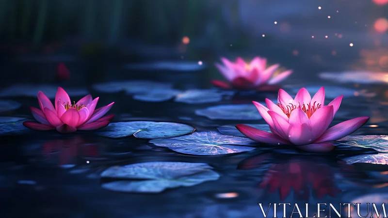Serene pink water lilies glow softly across a twilight pond
