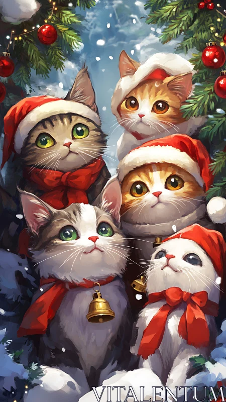 Five festive cats in red Santa hats surrounded by evergreen boughs.