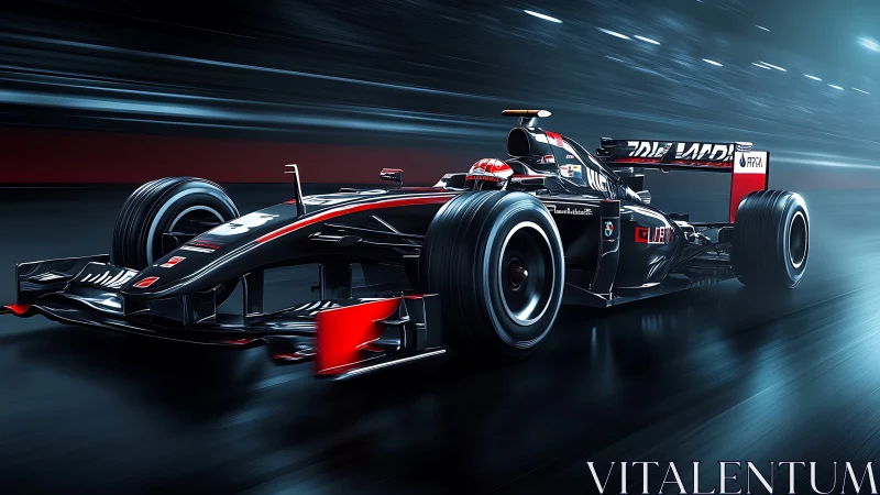 Roaring black race car surges through a glowing night circuit