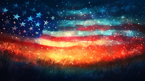 American flag sky over luminous twilight grassland field.