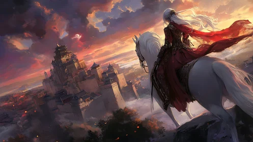 Warrior queen on white horse overlooking burning citadel.