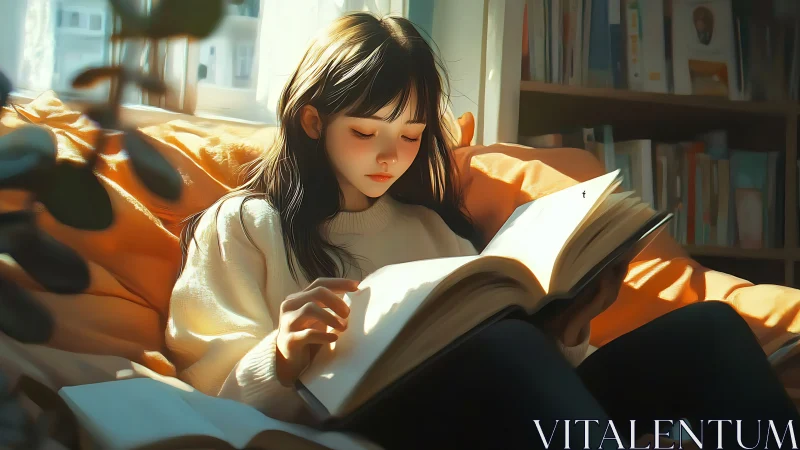 Girl reading a large book on a sunlit cozy sofa.