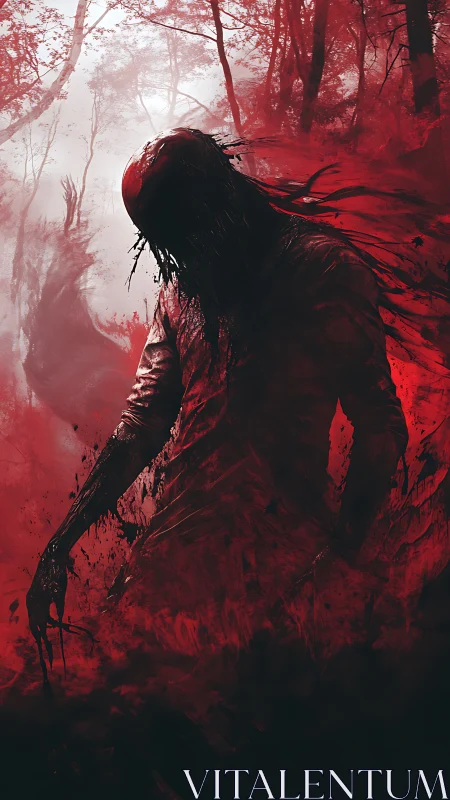 Faceless horror stalks a bloodlit forest in swirling mist