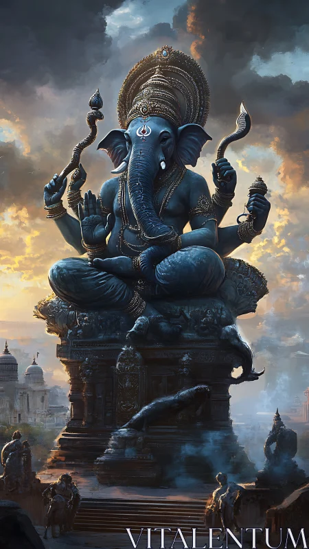 Colossal Ganesha breathes dawnlight above a smoky city