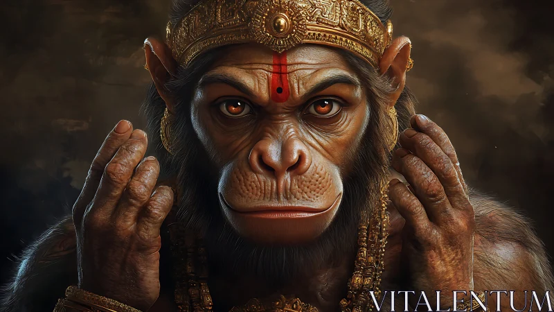 Photorealistic simian deity portrait with ornate gold crown