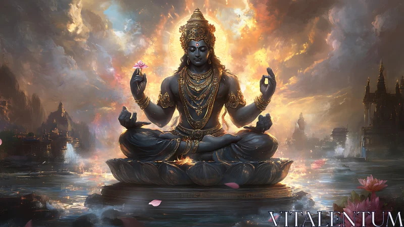 Radiant divine figure meditates calmly above glowing waters