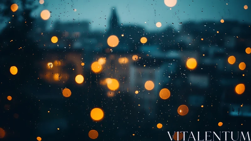 Rain-streaked window frames soft urban bokeh lights.