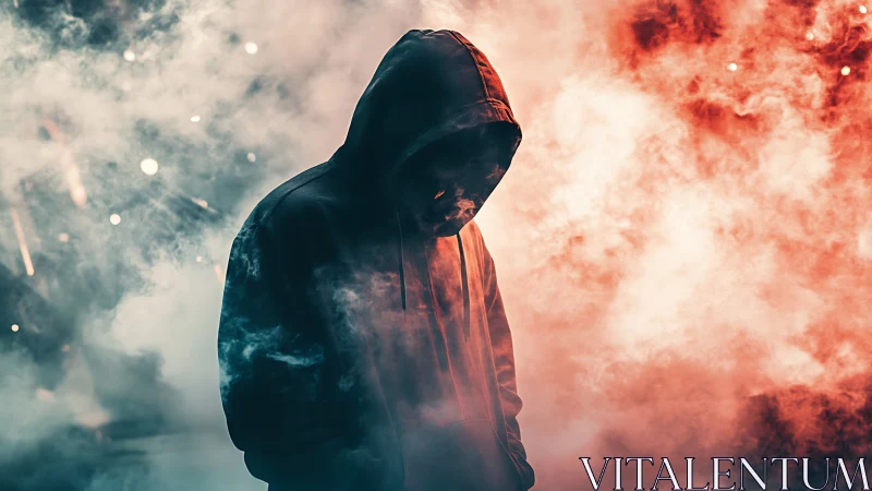 Hooded silhouette in red and blue smoke, moody urban scene.