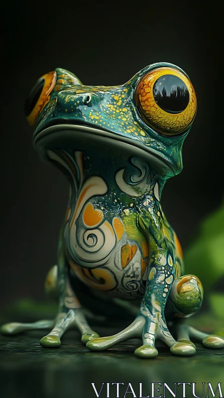 Whimsical forest frog with glossy eyes and swirling colors.