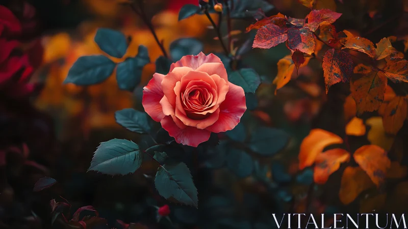 Coral Rose in Autumn Glow with Vibrant Seasonal Foliage