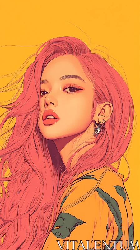 Digital portrait depicts stylized woman with long pink hair