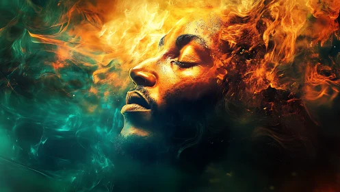 Profile portrait with fire and water elements.