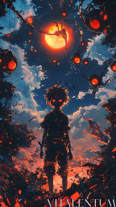 Young dreamer under a blazing cosmic sky of burning stars.