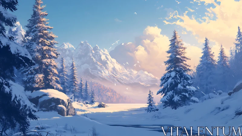 Snow laden conifer valley with atmospheric mountain depth rendering