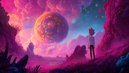 Chromatic alien valley with observer and luminous orb skyfield.