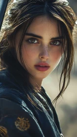 Young woman with soulful eyes in soft golden daylight.