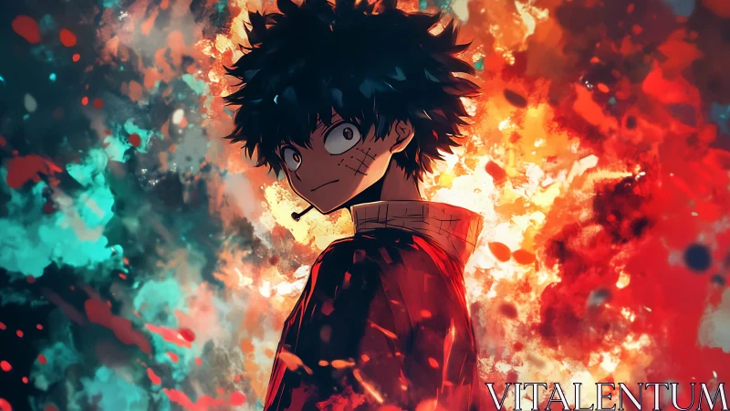 Explosive anime portrait unites bicolor flames and intense gaze